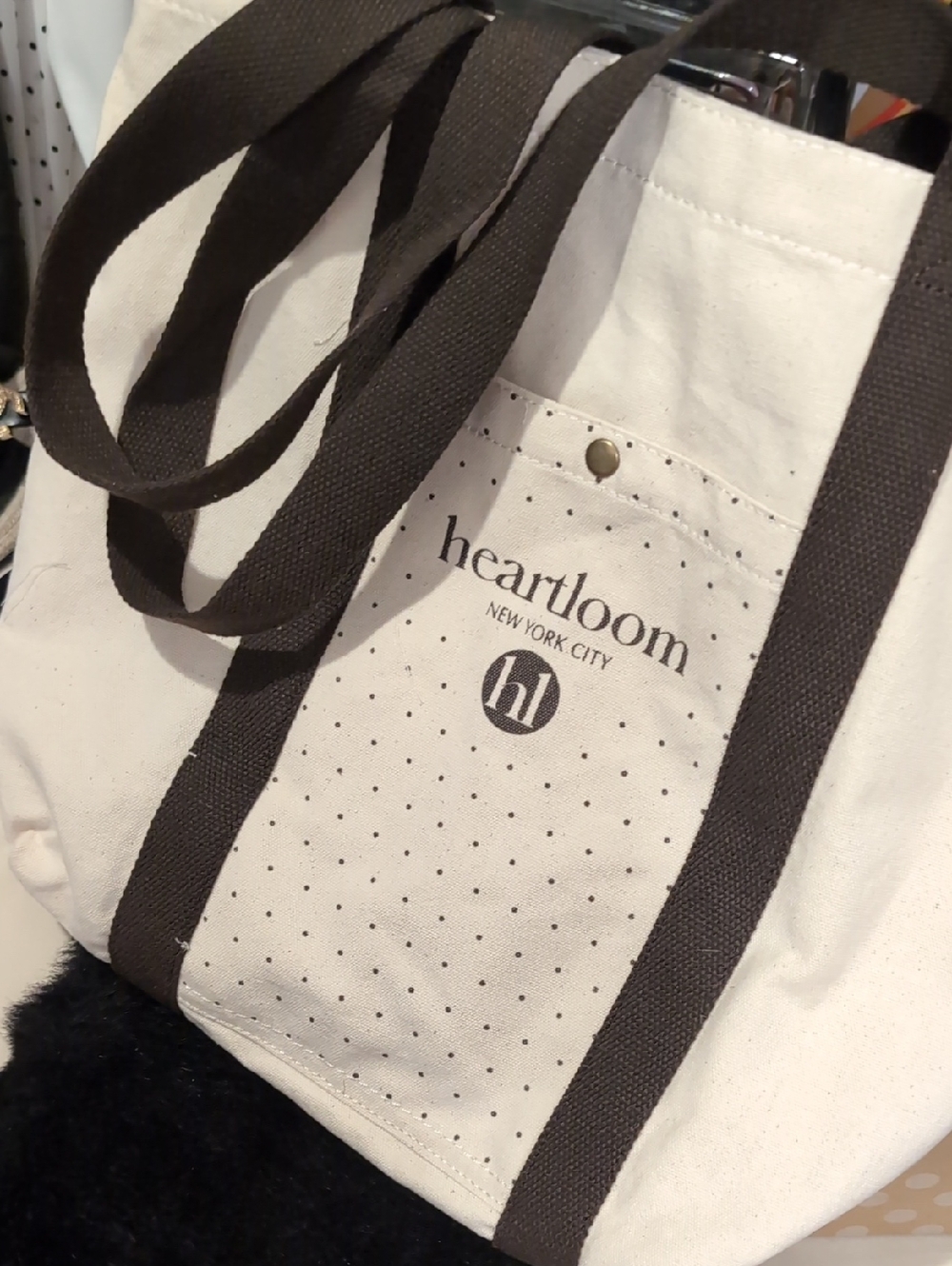 Heartloom Cream Canvas Tote with Black Straps and Dots